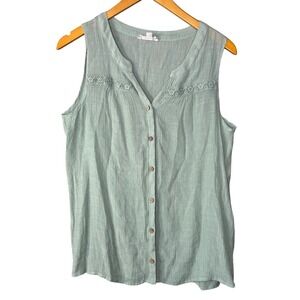 Corviu Tank Top Button Down Sleeveless Lace Trim Casual Top Size L Lightweight‎